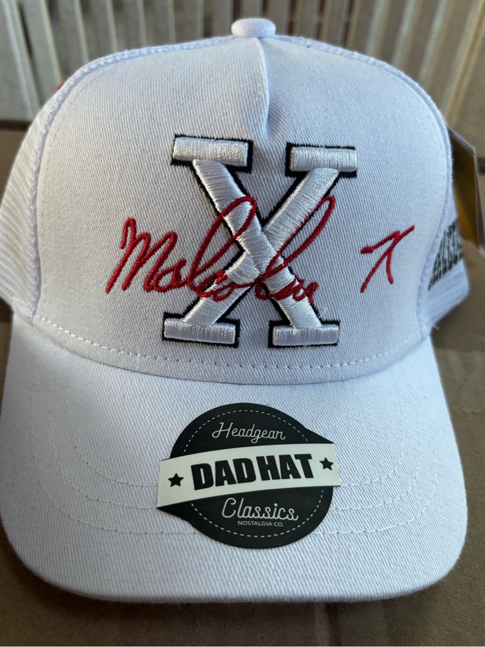 Unbranded White Dad Hat with Red Script 'X' Accent